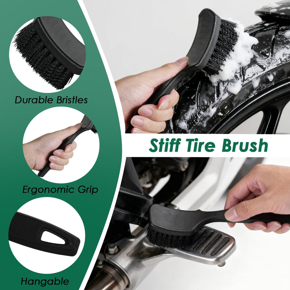 NexaBrush stiff and soft tire brushes side-by-side scrubbing tread and sidewall safely