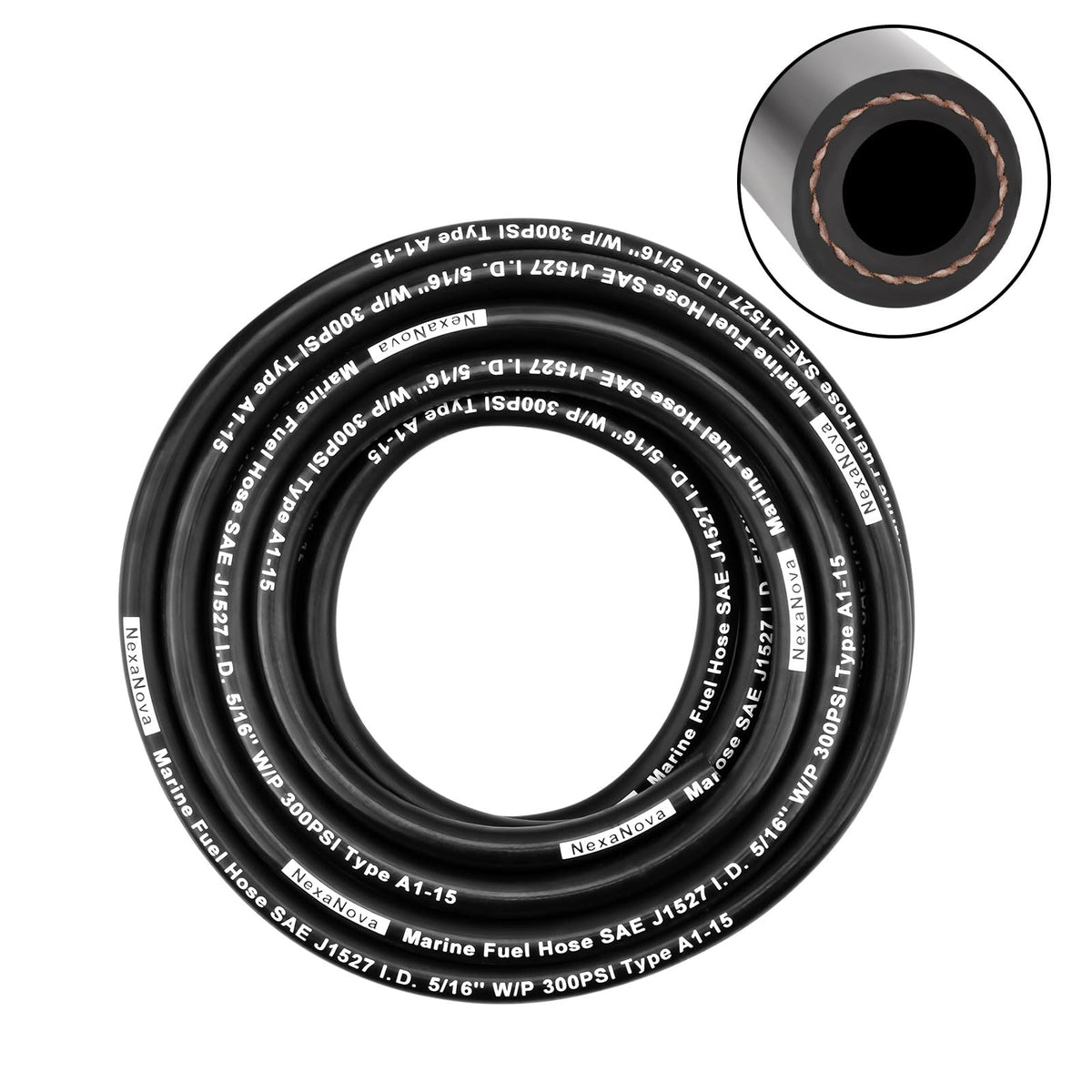 NexaNova front view of 5/16" marine fuel hose, shows length and packaging benefits