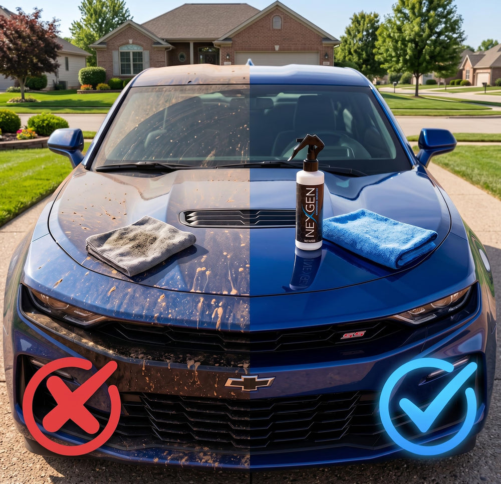 Nexgen 8oz bottle next to sedan illustrating yield per vehicle benefit