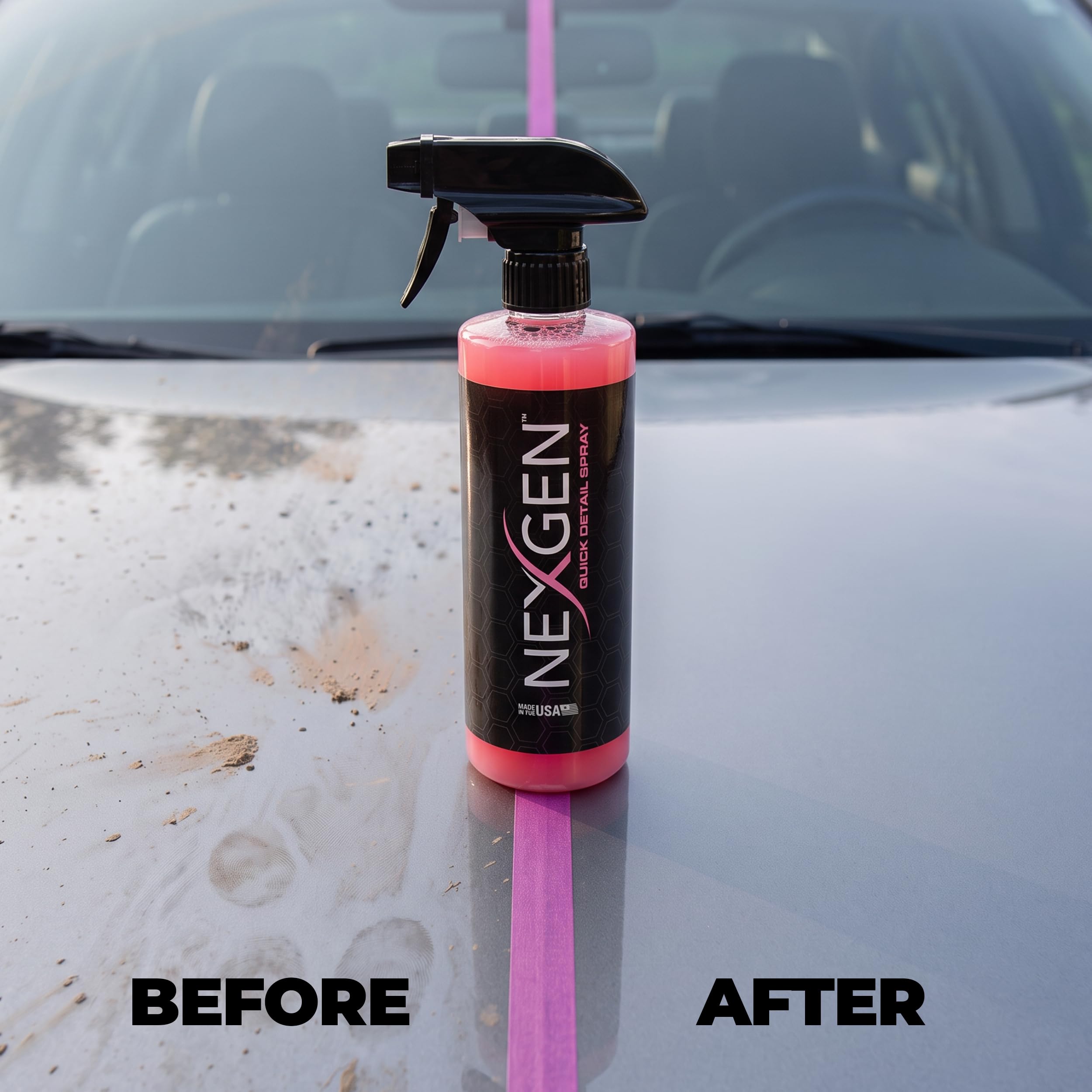 Nexgen being sprayed on black sedan to remove spots and restore glossy finish