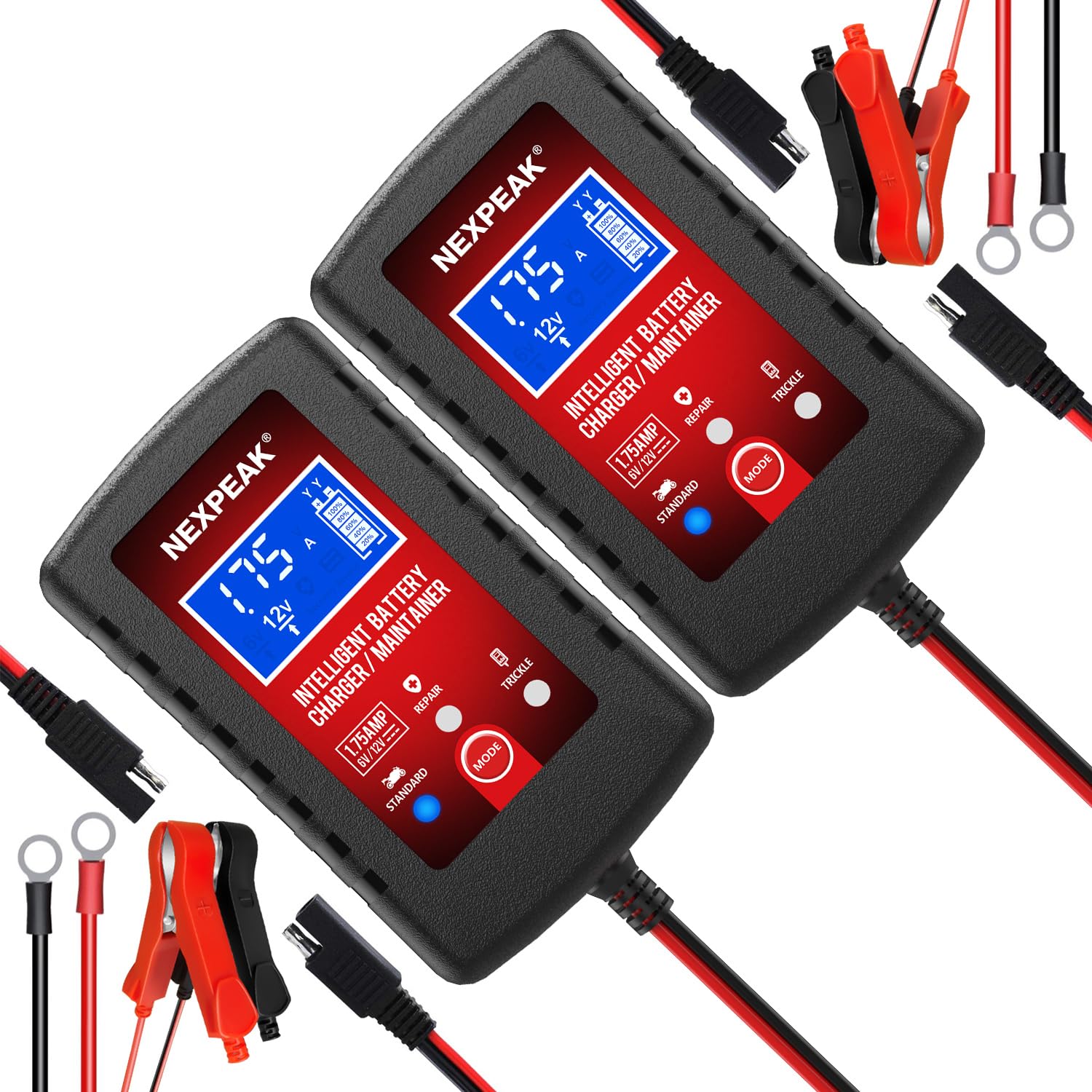 NEXPEAK front view of both chargers showing compact design and dual pack benefit