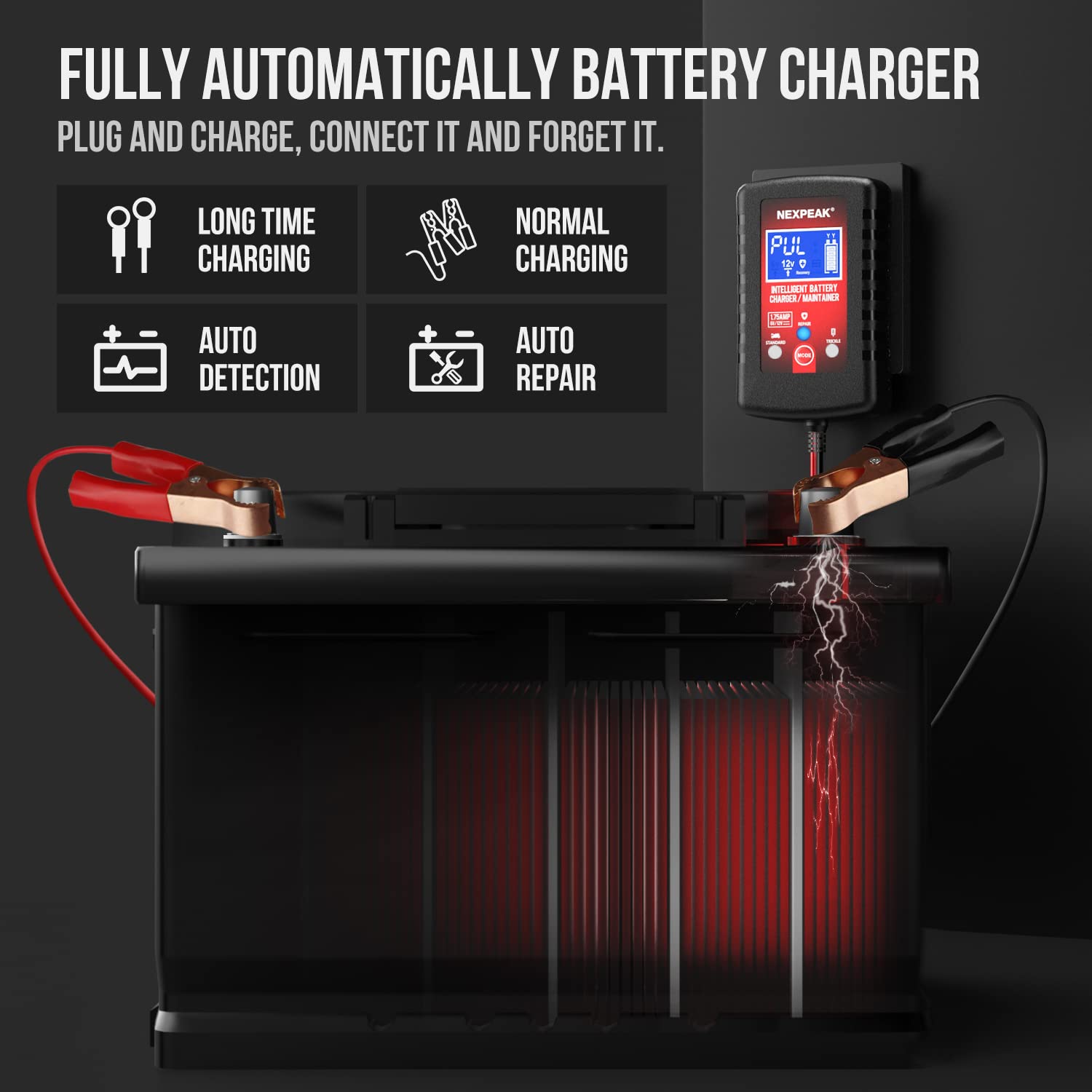 NEXPEAK charger connected to car battery demonstrating safe maintenance in use