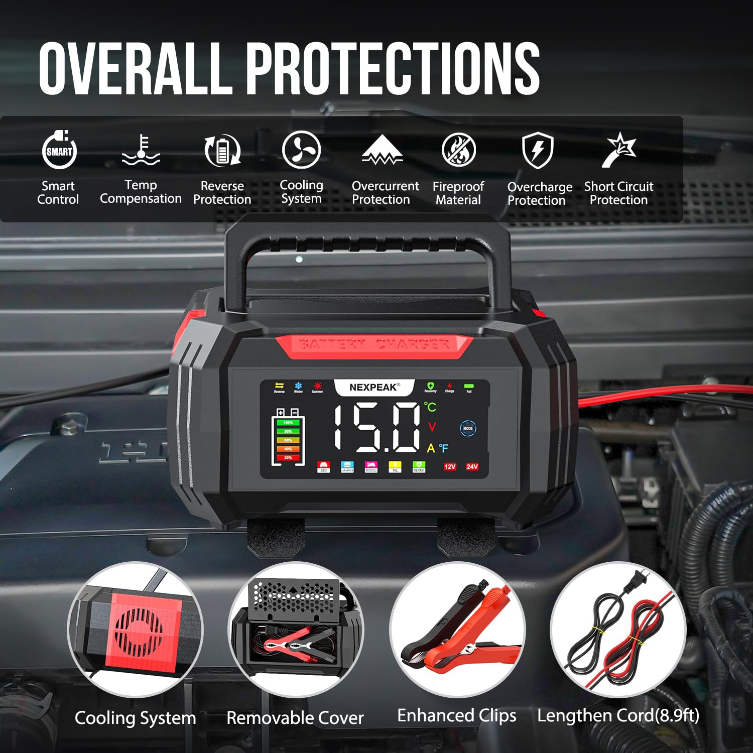 NEXPEAK charging a car battery in driveway for quick dependable starts