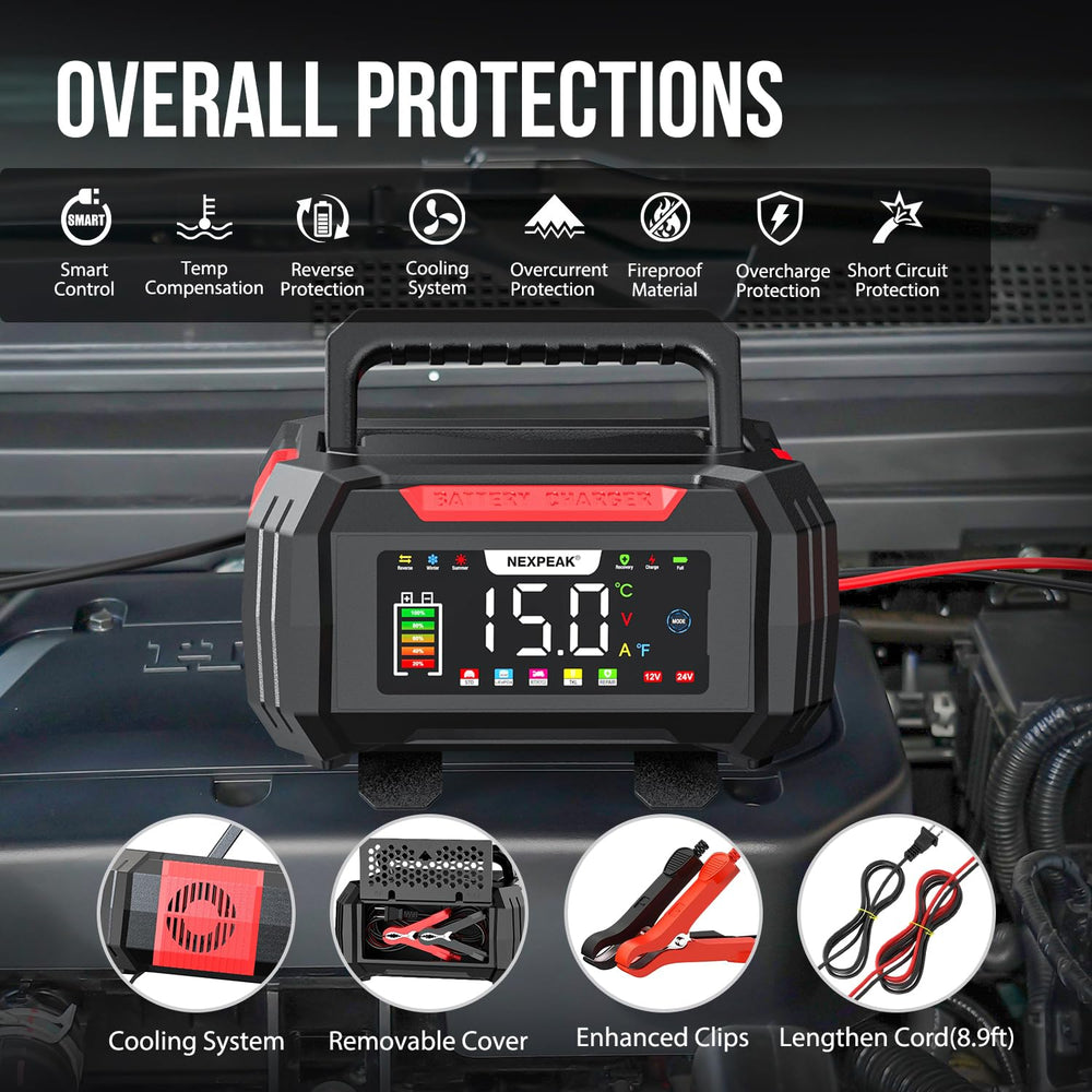 NEXPEAK charging a car battery in driveway for quick dependable starts