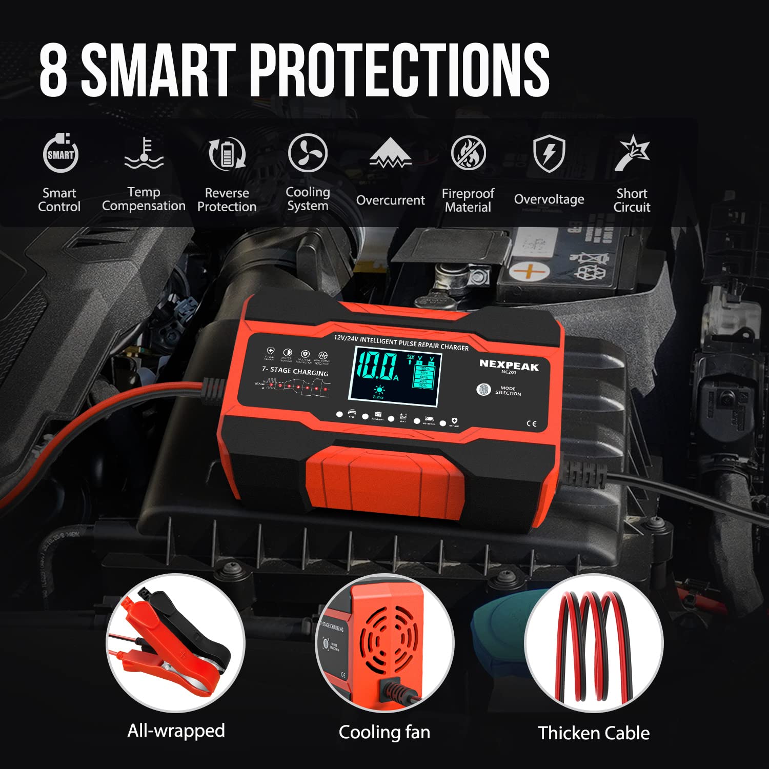 NEXPEAK connected under car hood delivering a reliable charge
