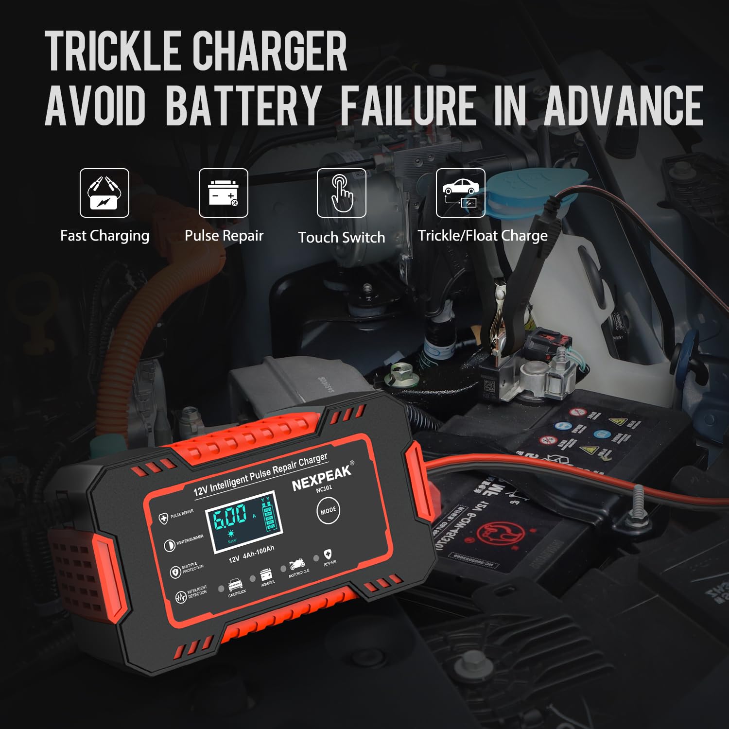 NEXPEAK LCD close-up displaying charge voltage and temperature readout
