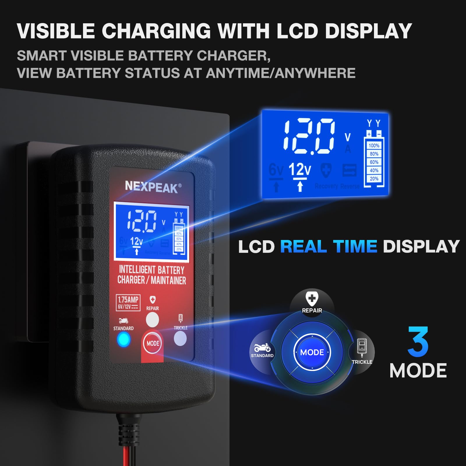 NEXPEAK close-up LCD display showing charging status for clear monitoring