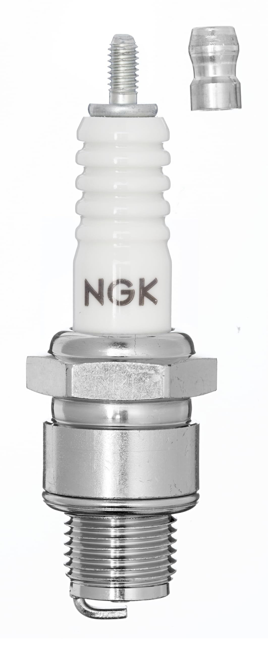 NGK B8HS-10 close-up of nickel-tipped electrode and ceramic for durable spark delivery