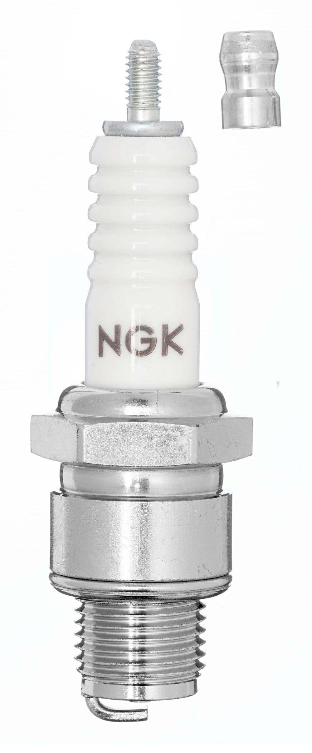 NGK B8HS-10 close-up of nickel-tipped electrode and ceramic for durable spark delivery