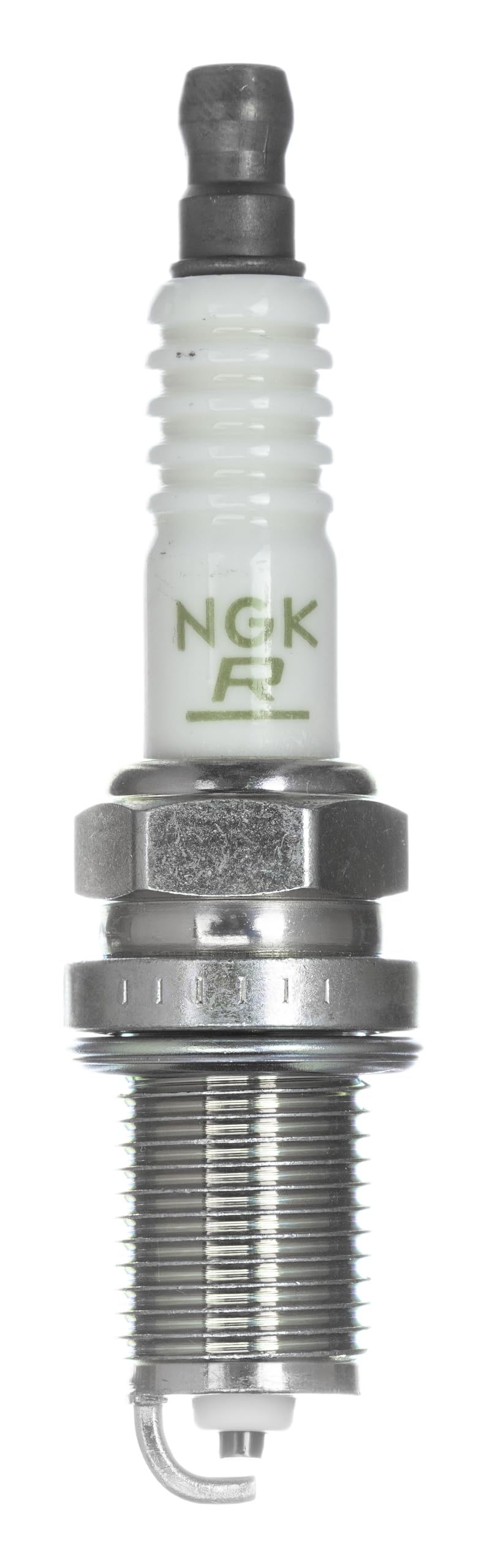 NGK spark plug close-up of nickel-tipped electrode and ceramic insulator for durability