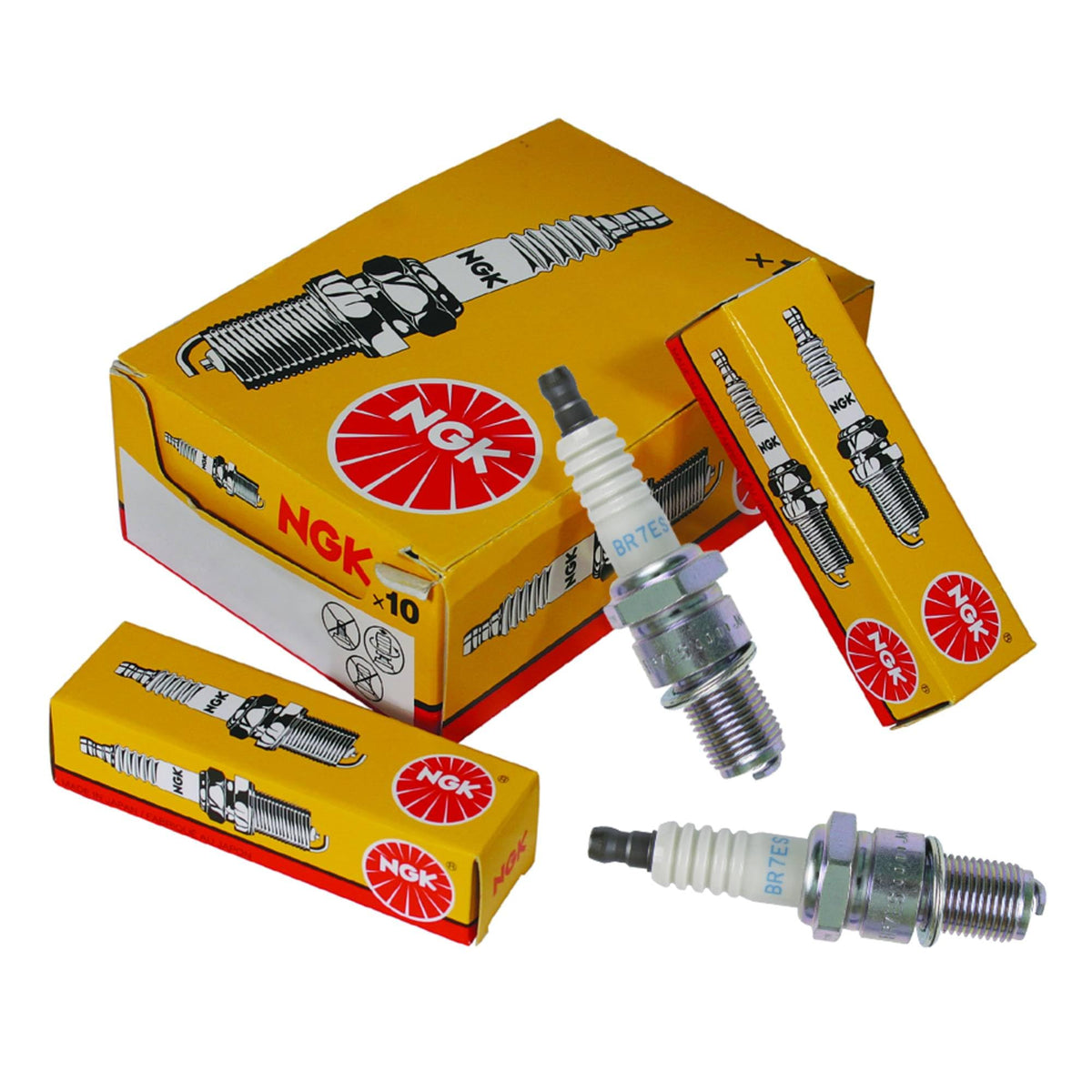 NGK BR7ES front packaging showing four spark plugs and model label for easy selection