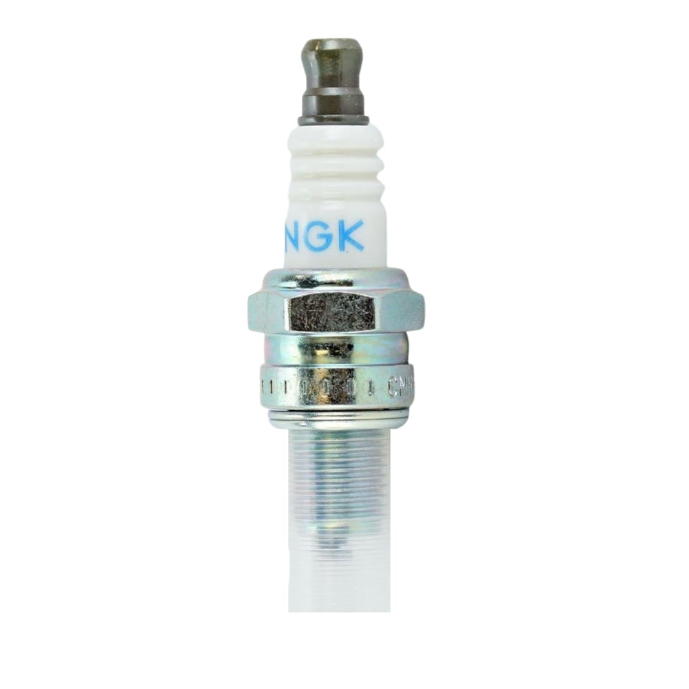 NGK CMR6H insulator detail showing 5-rib ceramic design to reduce flashover and improve reliability