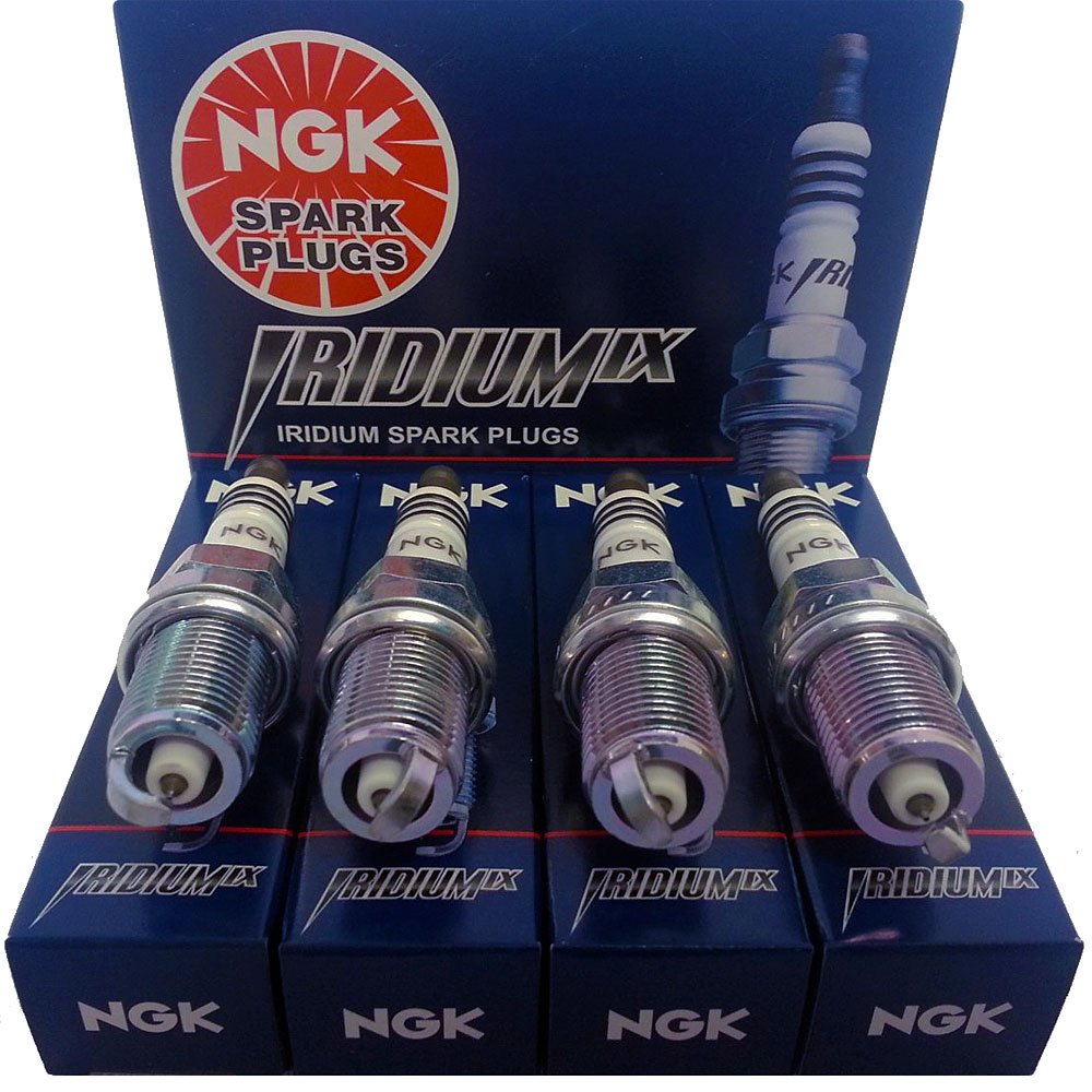 NGK iridium spark plug front view showing part number and robust construction benefit