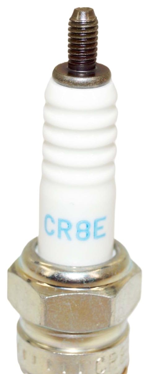 NGK side profile of CR8E spark plug showing thread and reach dimensions for fit verification