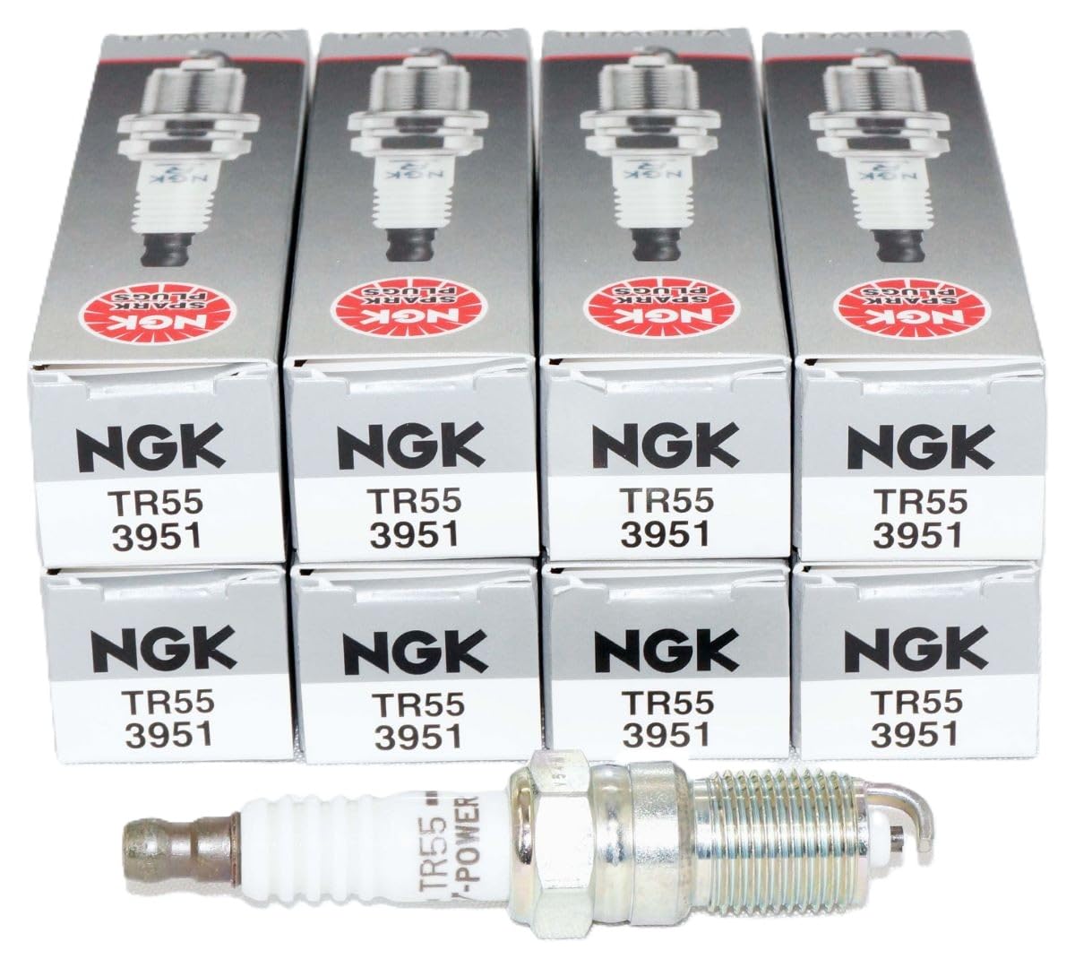 NGK front packaging showing TR55 eight-pack and clear part ID for easy purchase