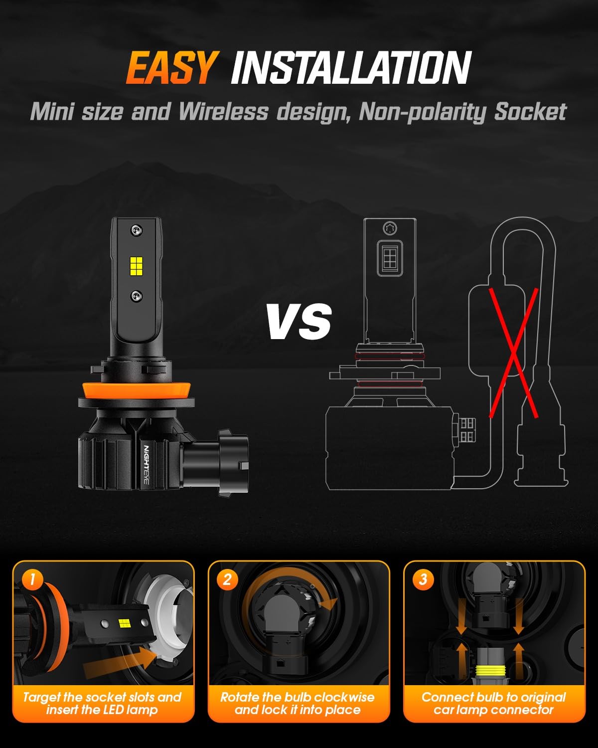 NIGHTEYE product label closeup showing socket compatibility and specs