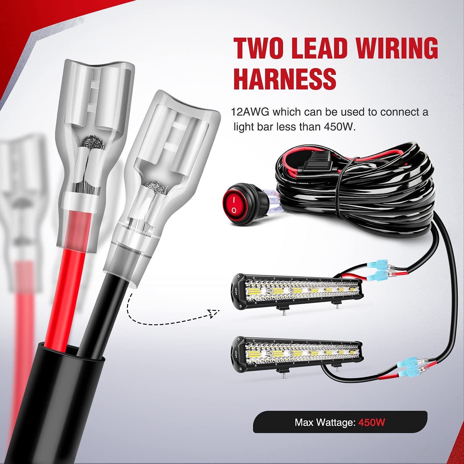 Nilight 12AWG wire length and termination showing heavy gauge for low voltage drop