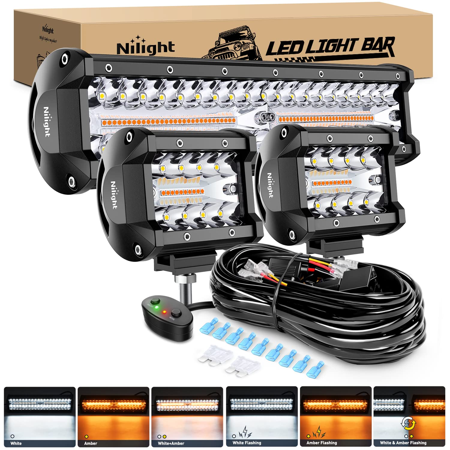 Nilight 12-inch 300W light bar front view showing strong multi-color output
