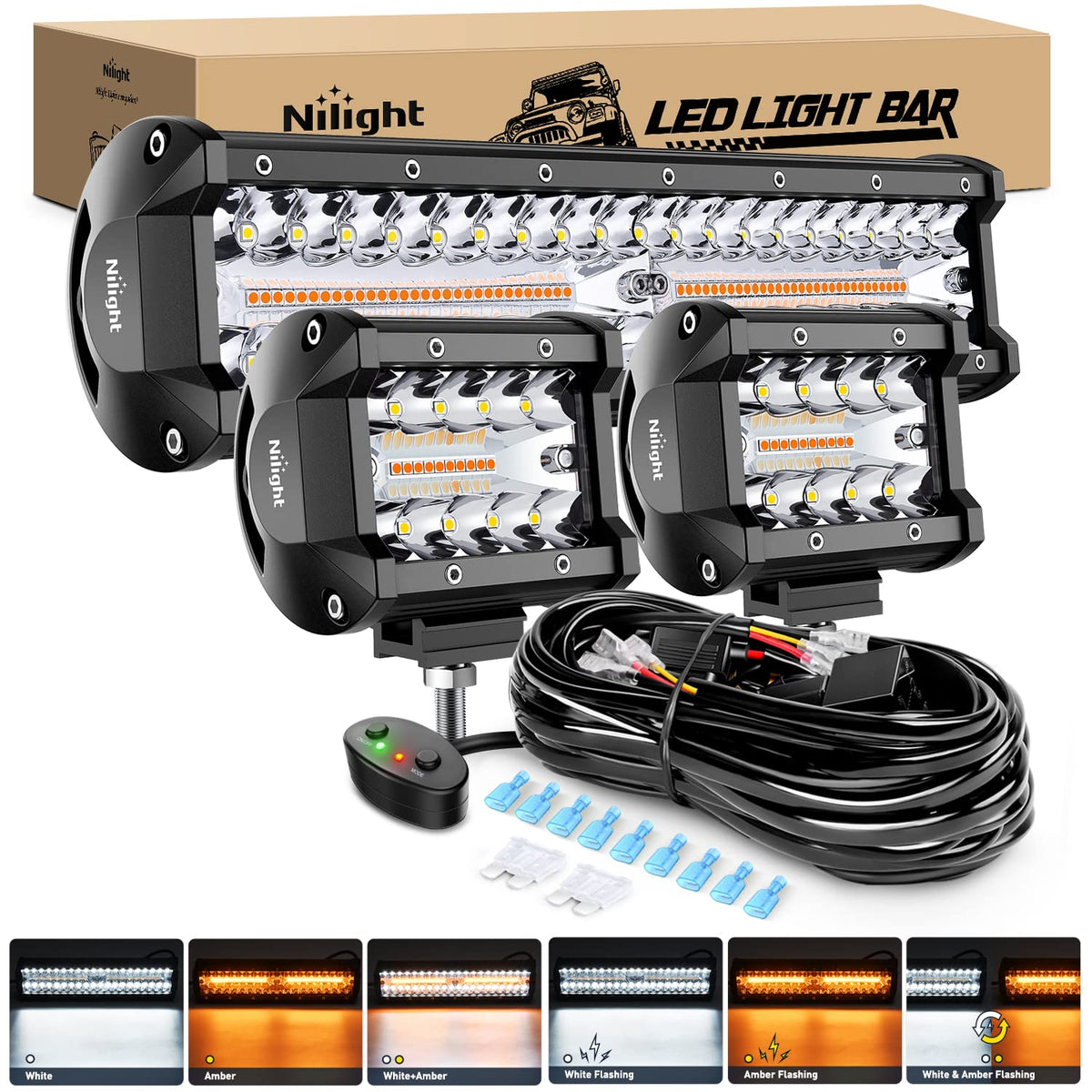 Nilight 12-inch 300W light bar front view showing strong multi-color output