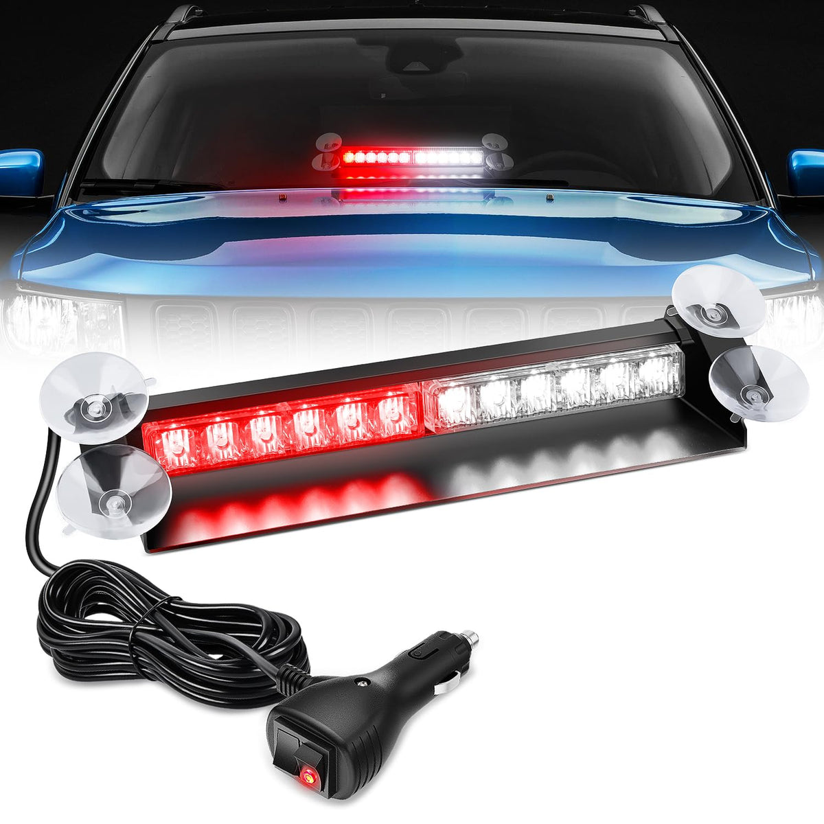 Nilight front view of 12LED traffic advisor showing red white LEDs and clear warning