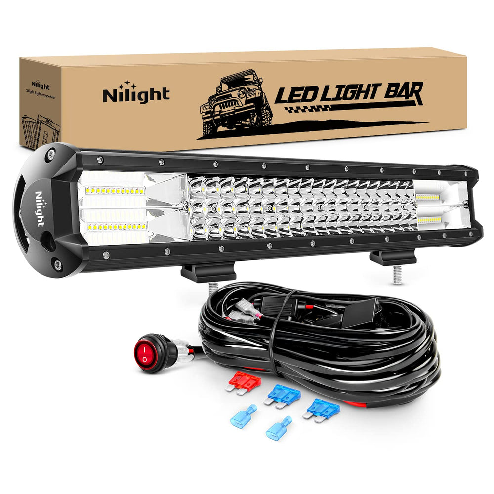 Nilight 20-inch light bar front mounted on bumper showing powerful illumination