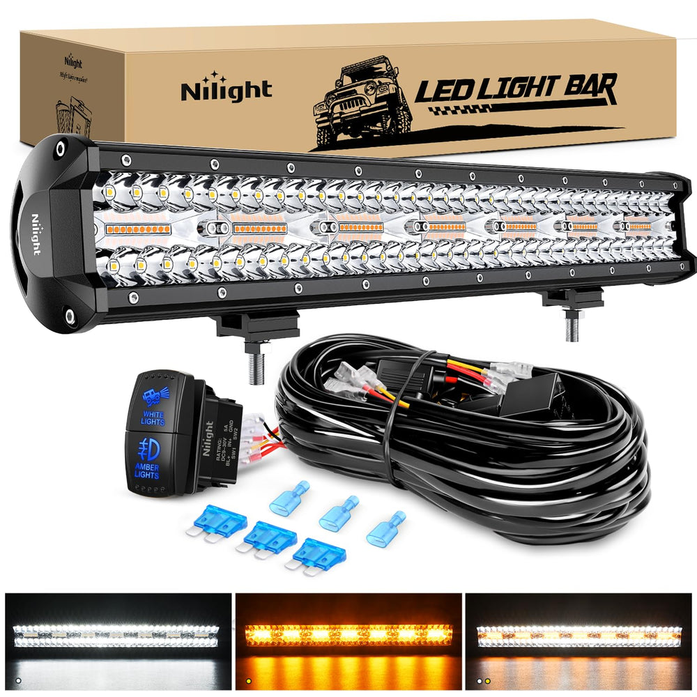 Nilight 20-inch front view showing full light bar and mounting brackets for durable illumination