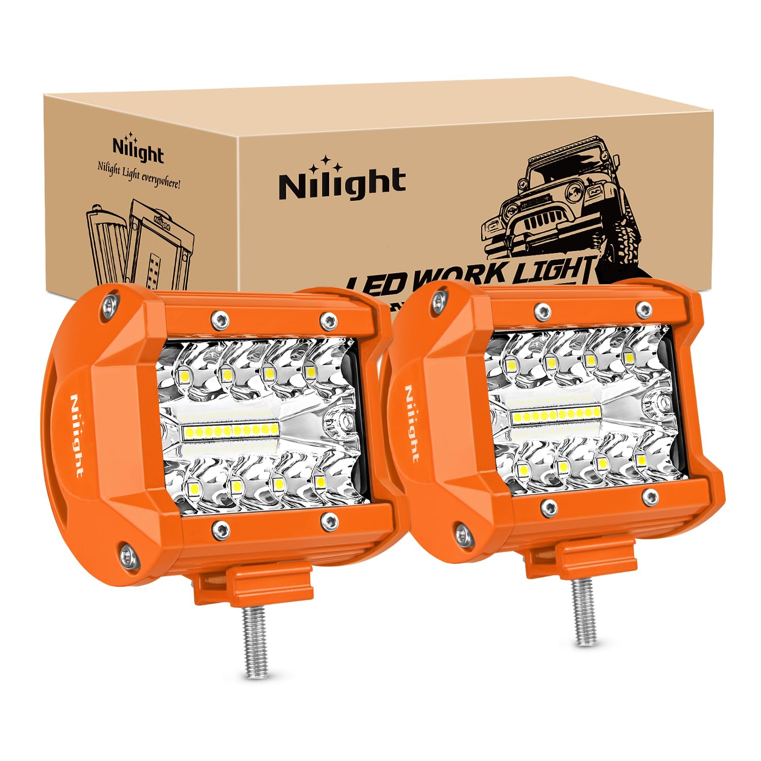 Nilight 4-inch 60W front view showing compact triple-row LEDs and improved visibility