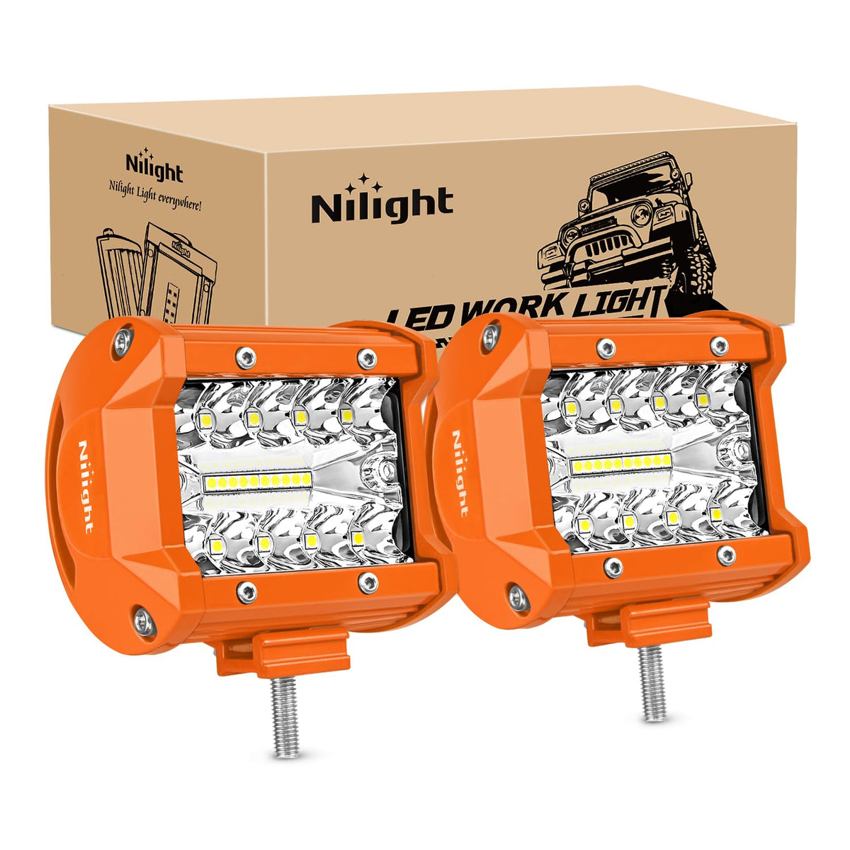 Nilight 4-inch 60W front view showing compact triple-row LEDs and improved visibility