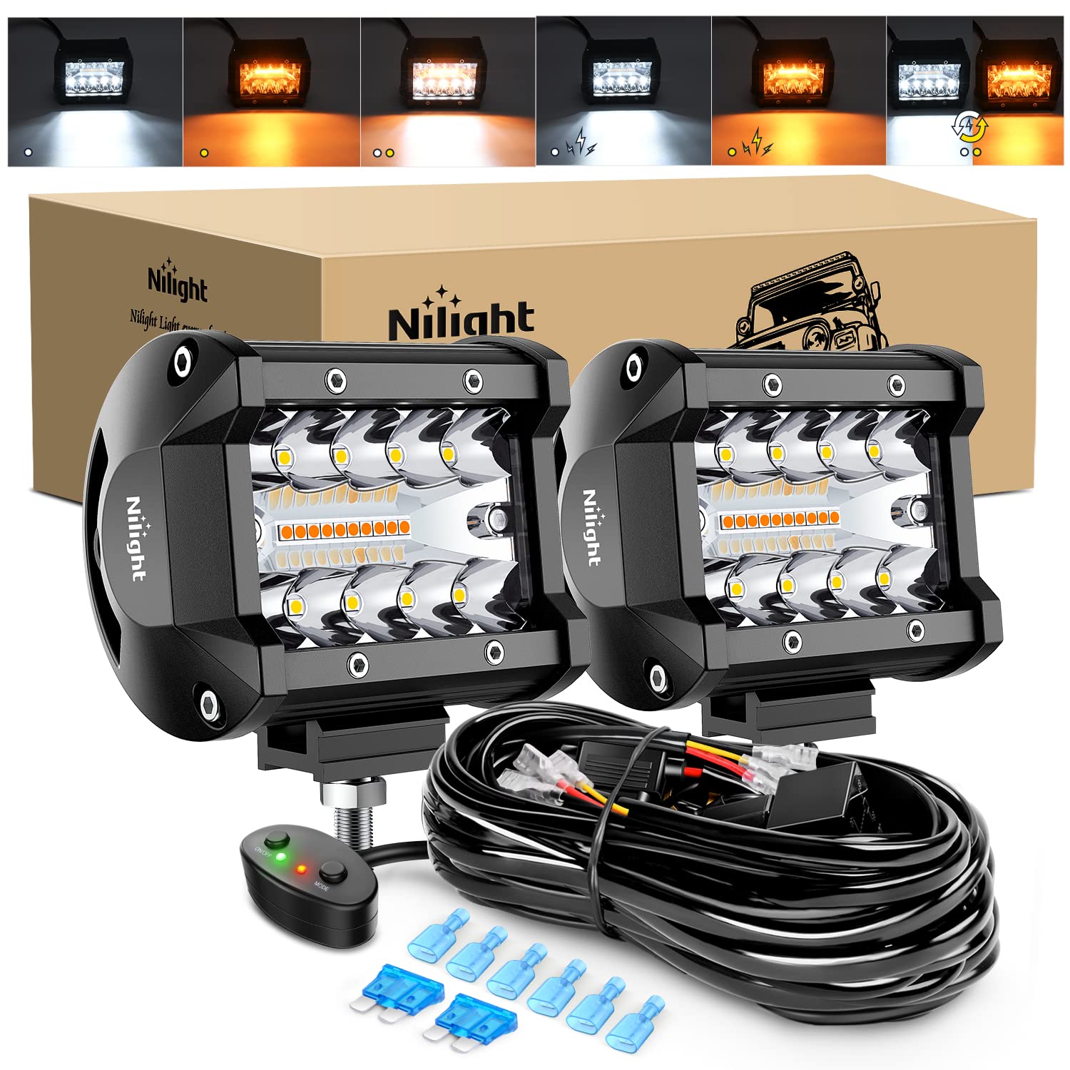 Nilight front view showing dual amber and white LEDs and compact housing, ensures visibility