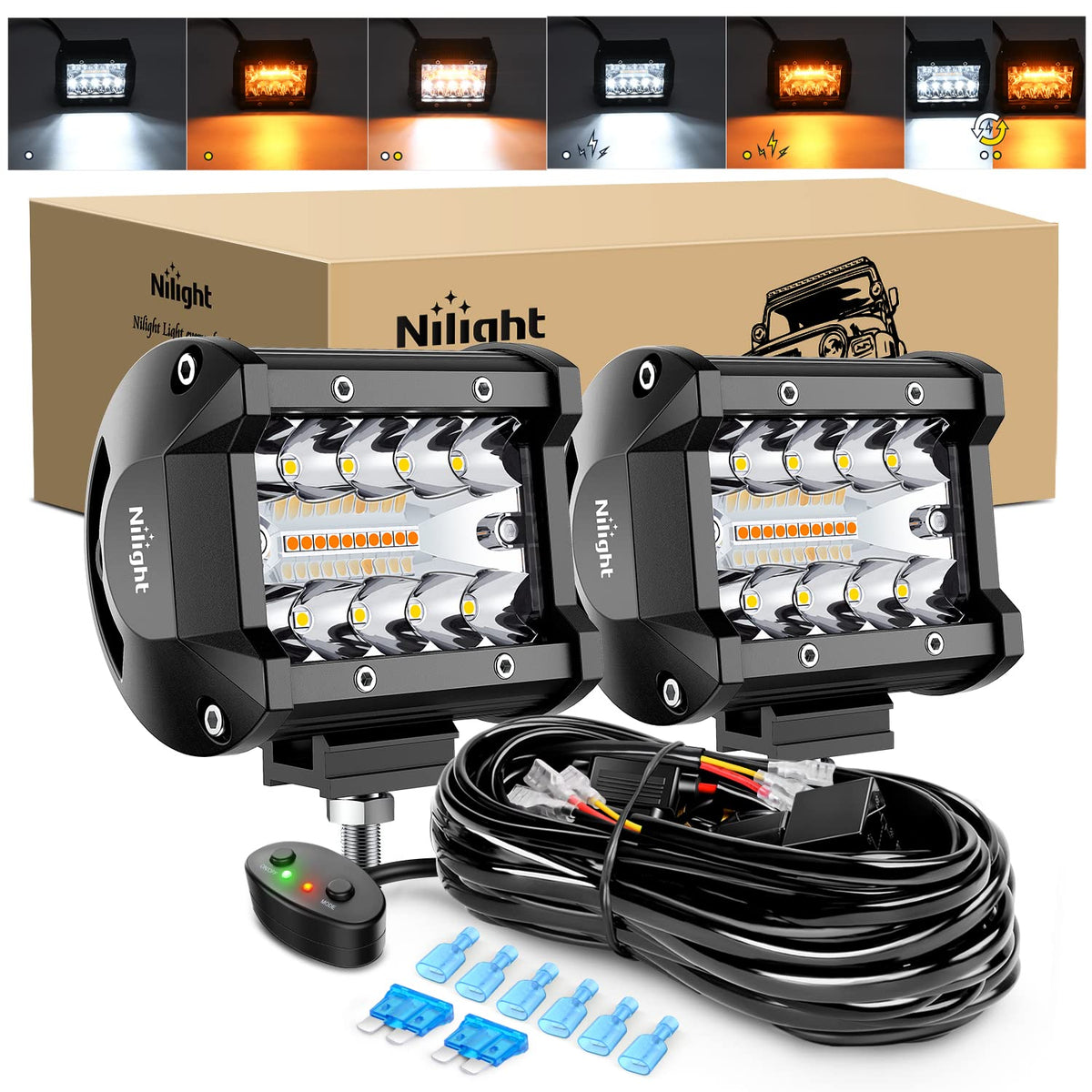 Nilight front view showing dual amber and white LEDs and compact housing, ensures visibility