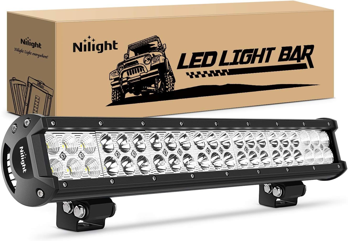 Nilight front view of 20-inch LED light bar showing slim housing and lenses, boosts visibility