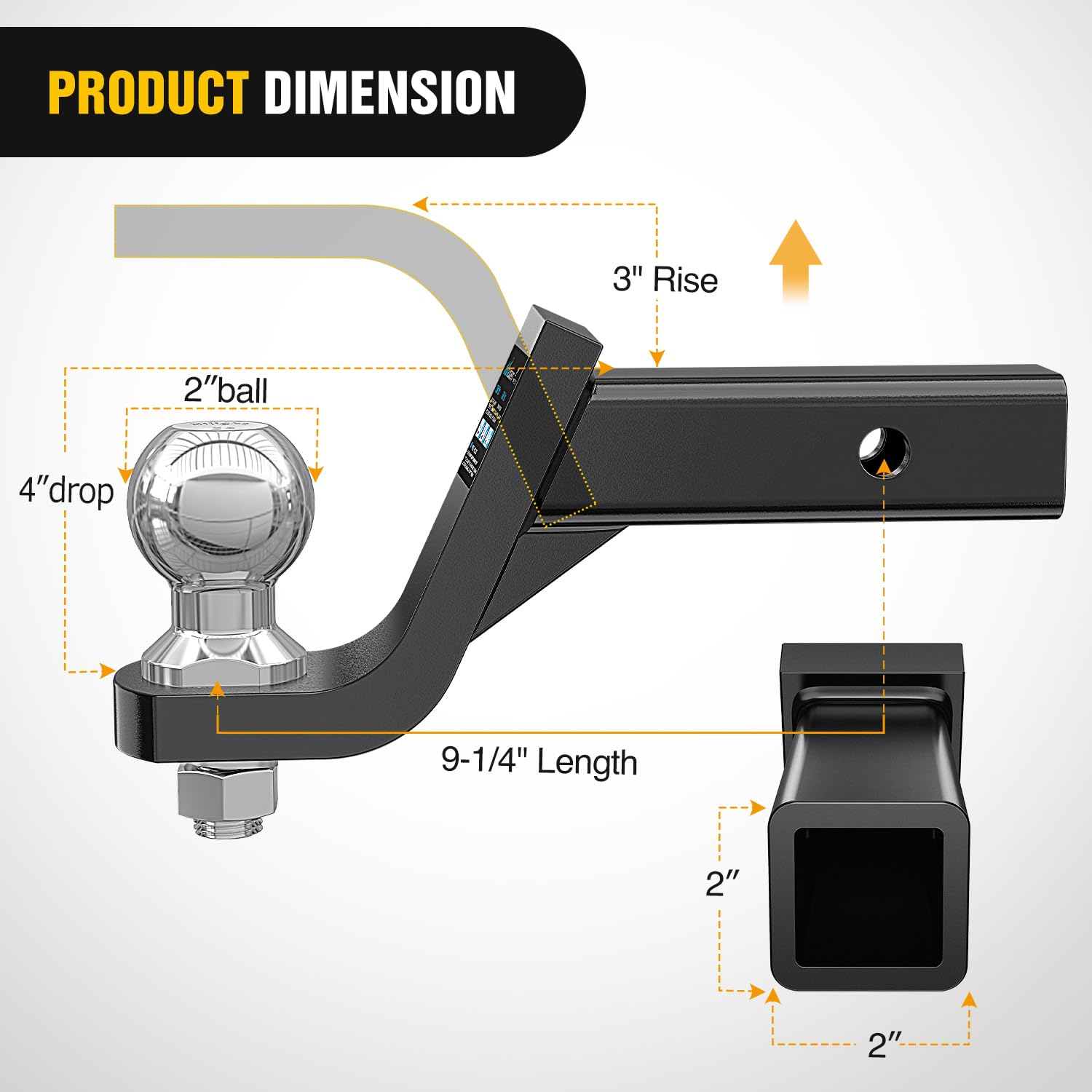 Nilight angled side profile with 2-inch ball demonstrating secure connection
