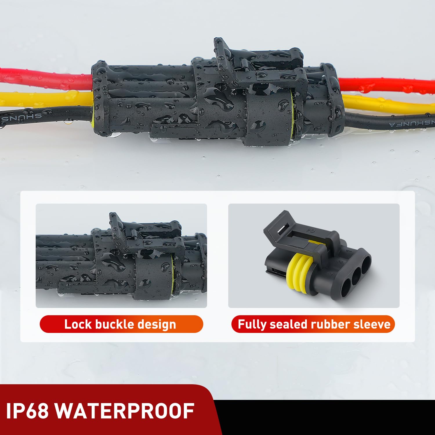 Nilight assembled 3-pin connector held in hand showing easy installation and locked connection benefit