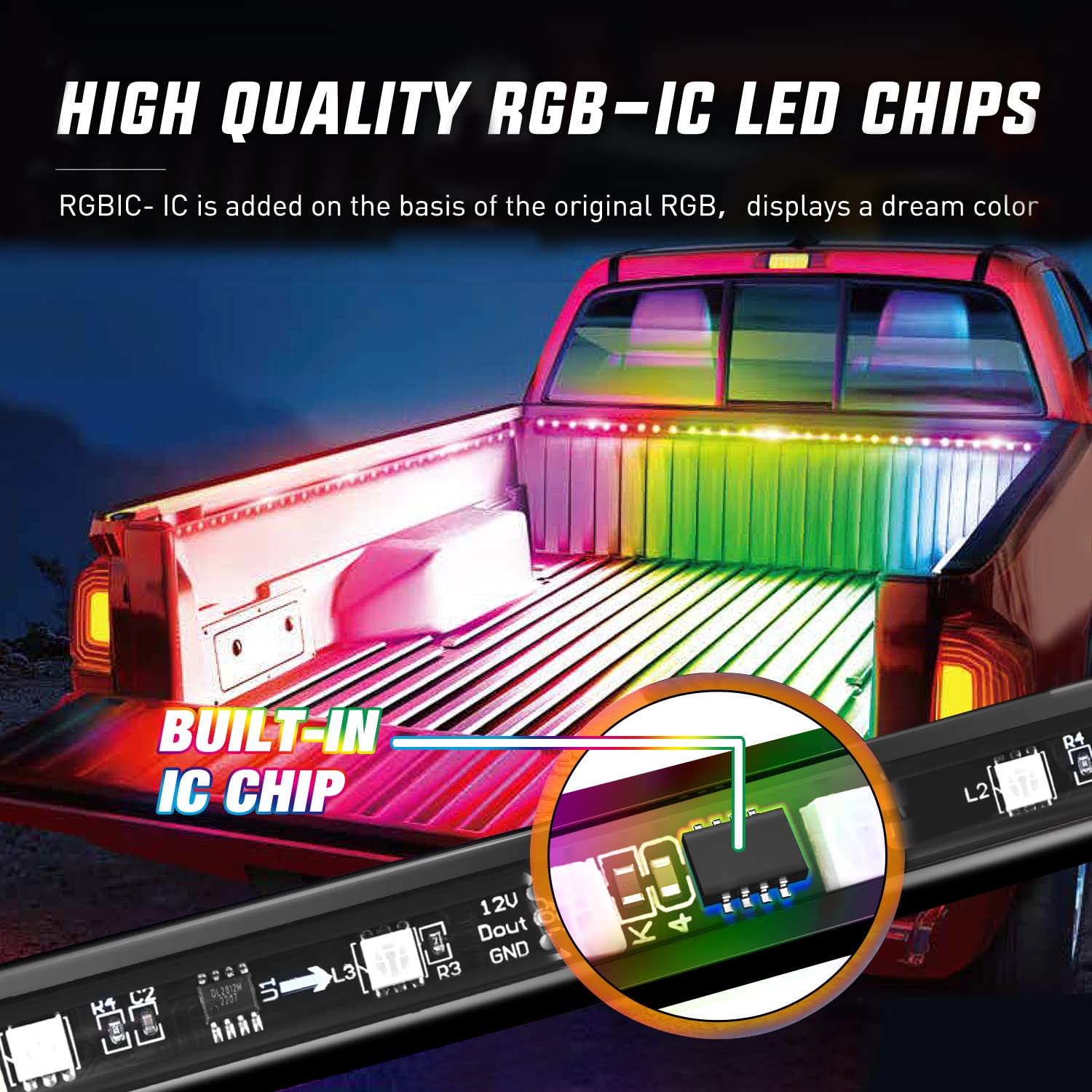 Nilight close-up of RGBIC SMD 5050 chips showing vibrant color control