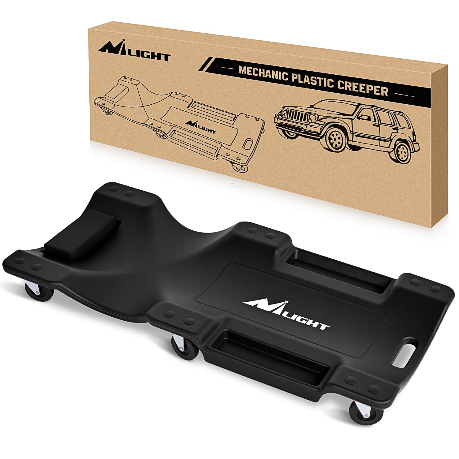 Nilight creeper front view showing padded headrest and ergonomic shape for comfort