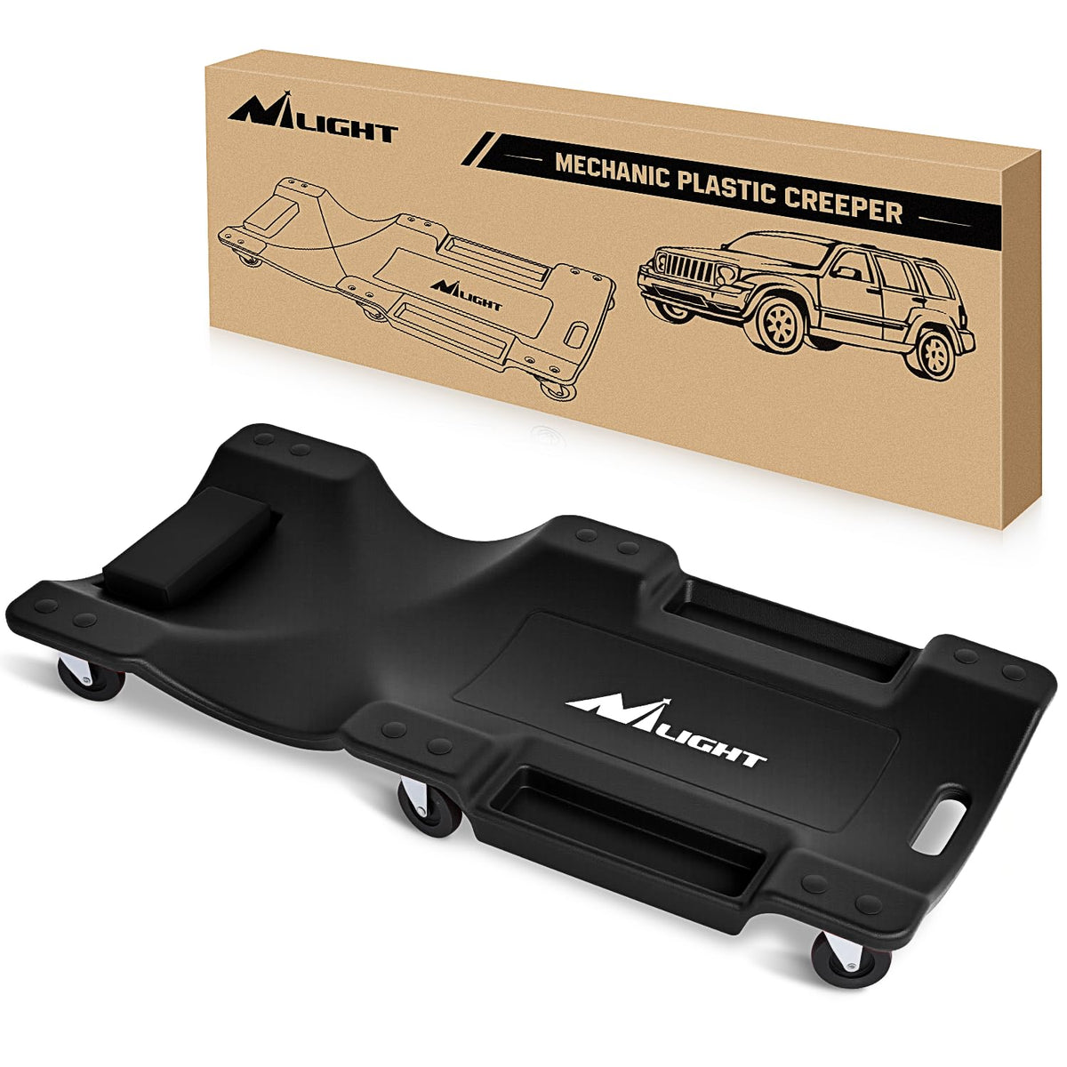 Nilight creeper front view showing padded headrest and ergonomic shape for comfort