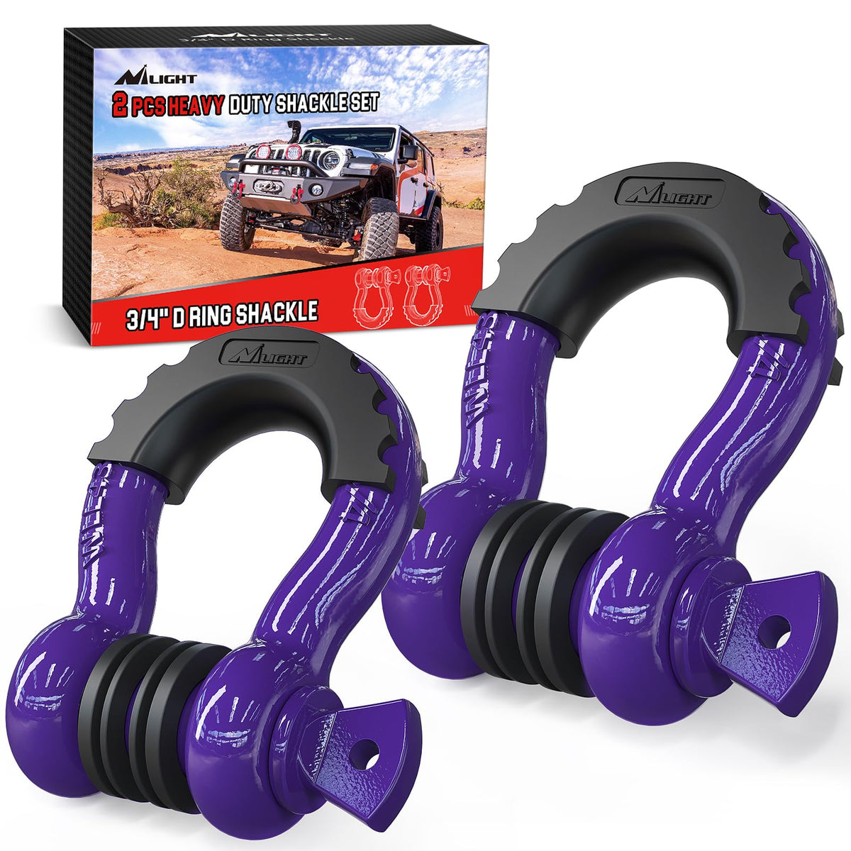 Nilight front view of two D-ring shackles showing durable finish and hardware benefit