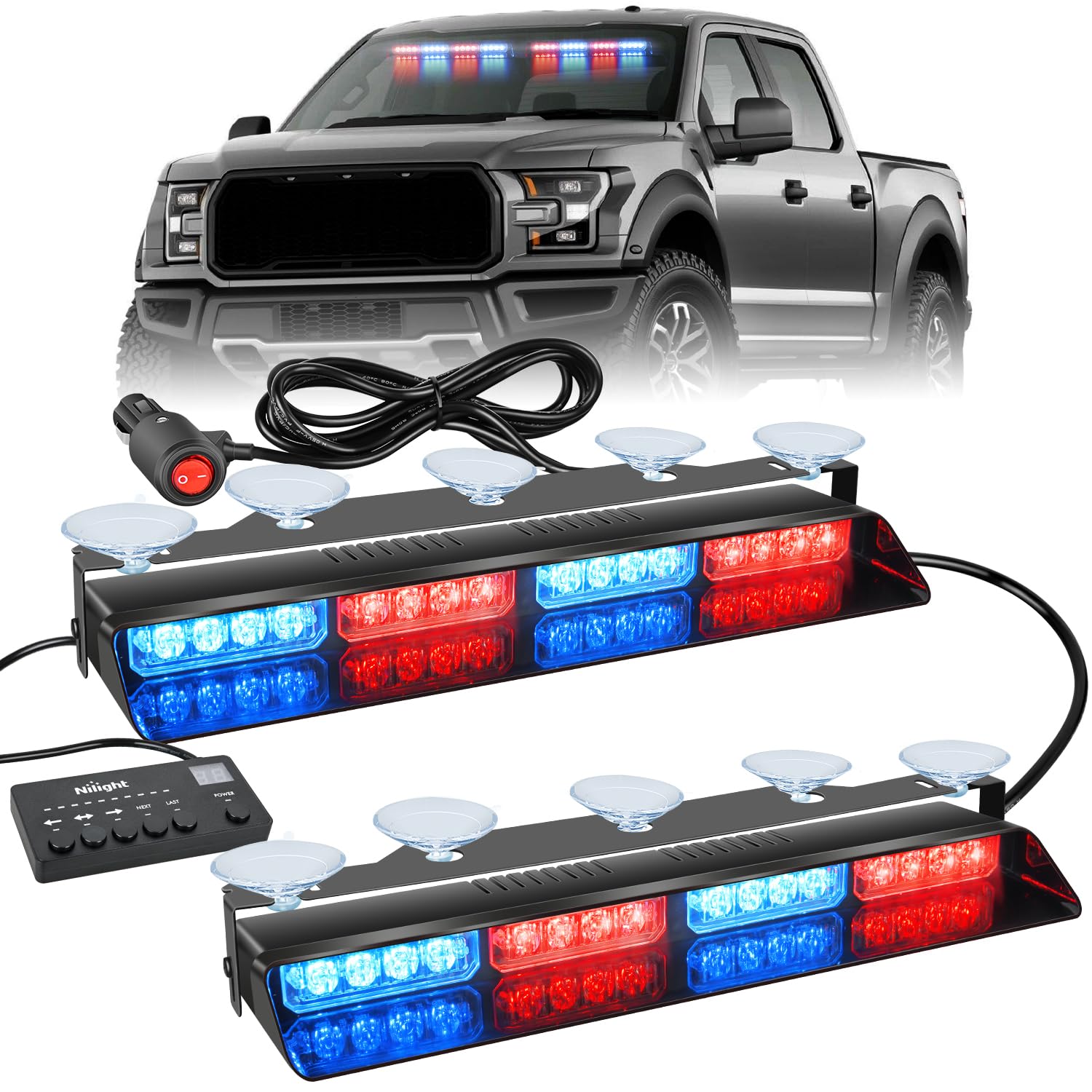 Nilight strobe front view showing red blue LEDs and warning visibility