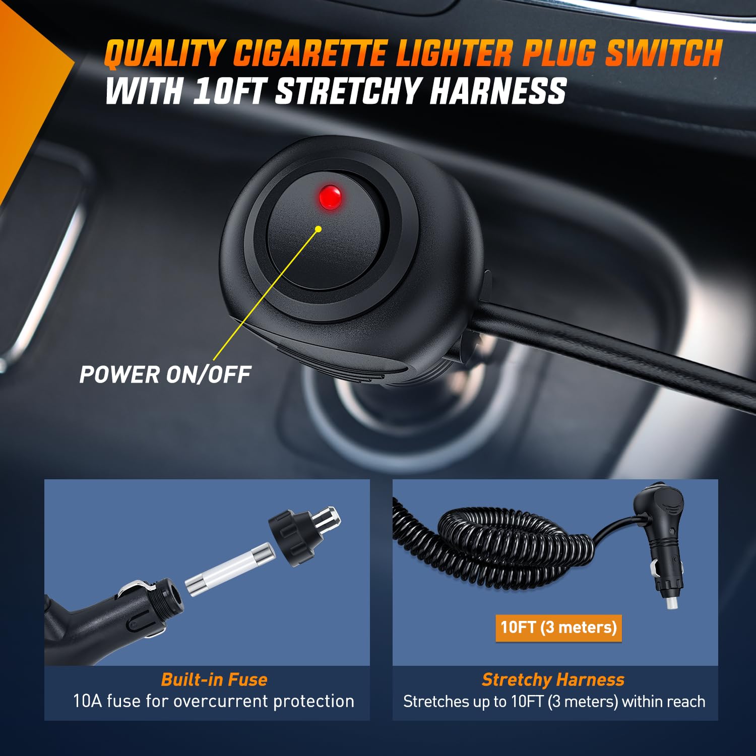 Nilight cigarette lighter plug and 10ft elastic harness for easy power