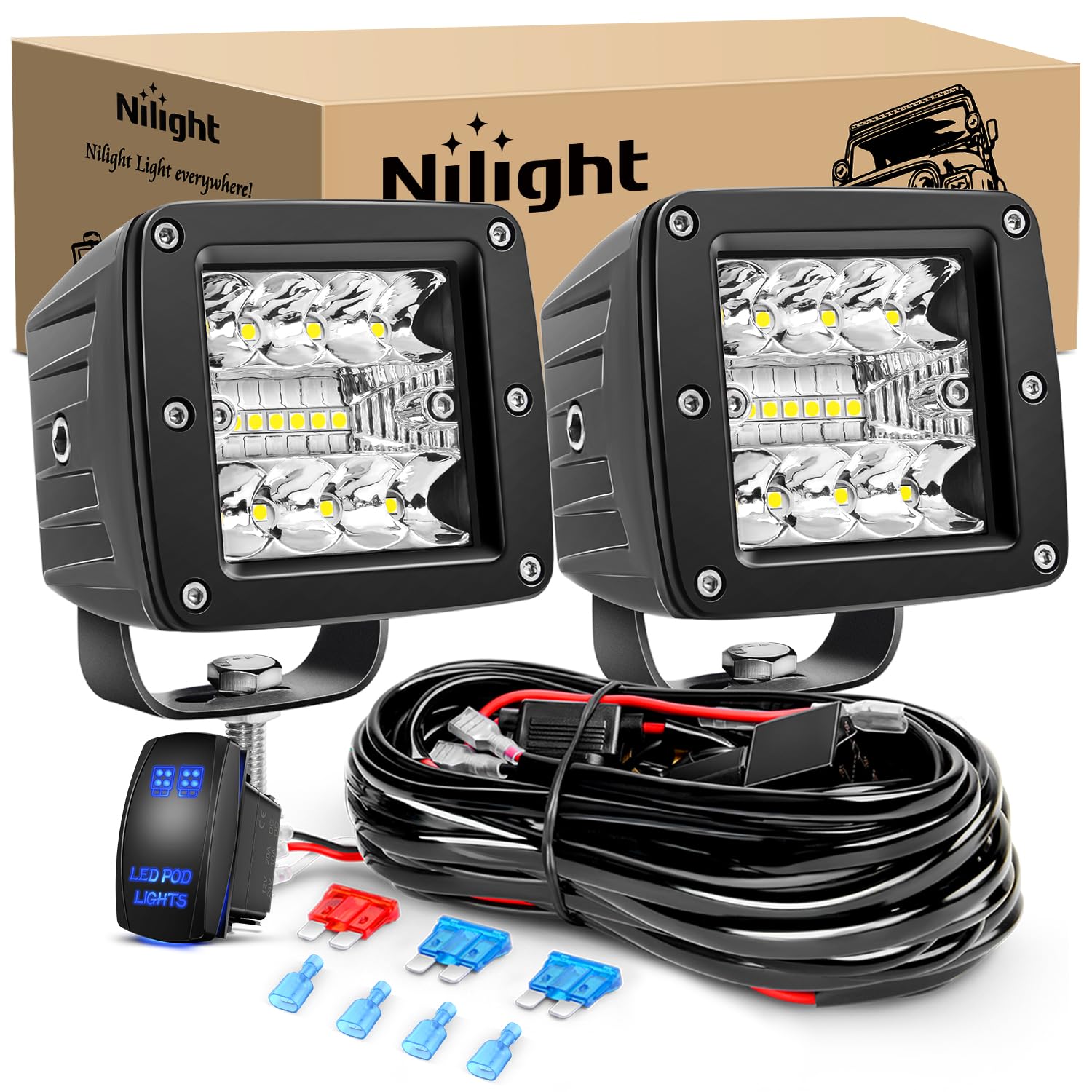 Nilight front view of both cubes showing beam pattern and increased brightness benefit