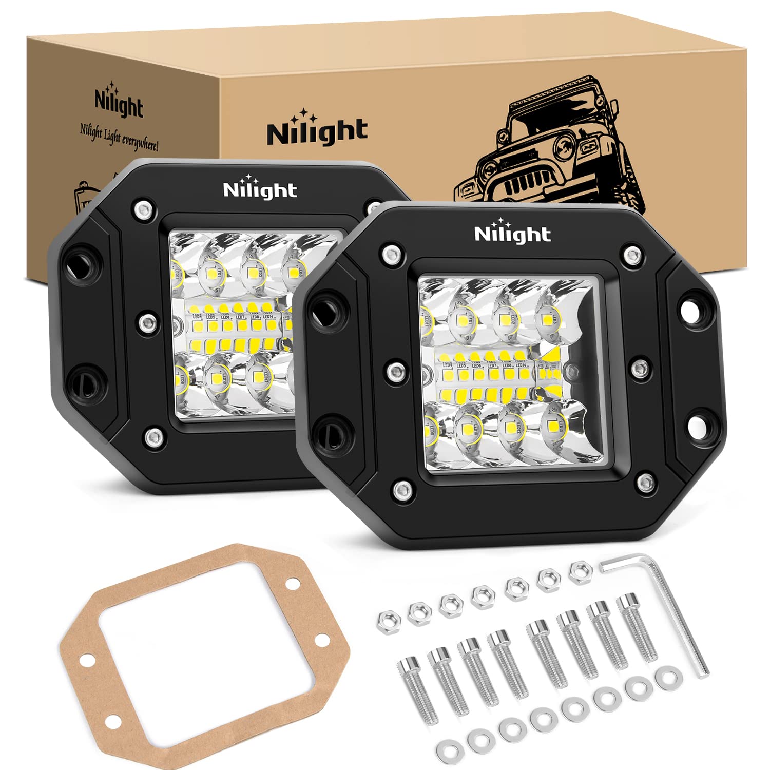 Nilight front view of flush mount pair showing compact housing and bright output