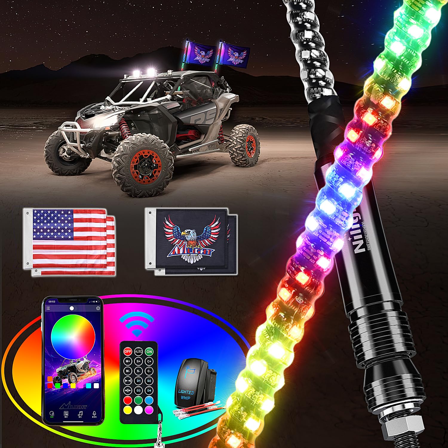 Nilight front view of packaged 2FT RGB whip lights showing kit contents and benefits