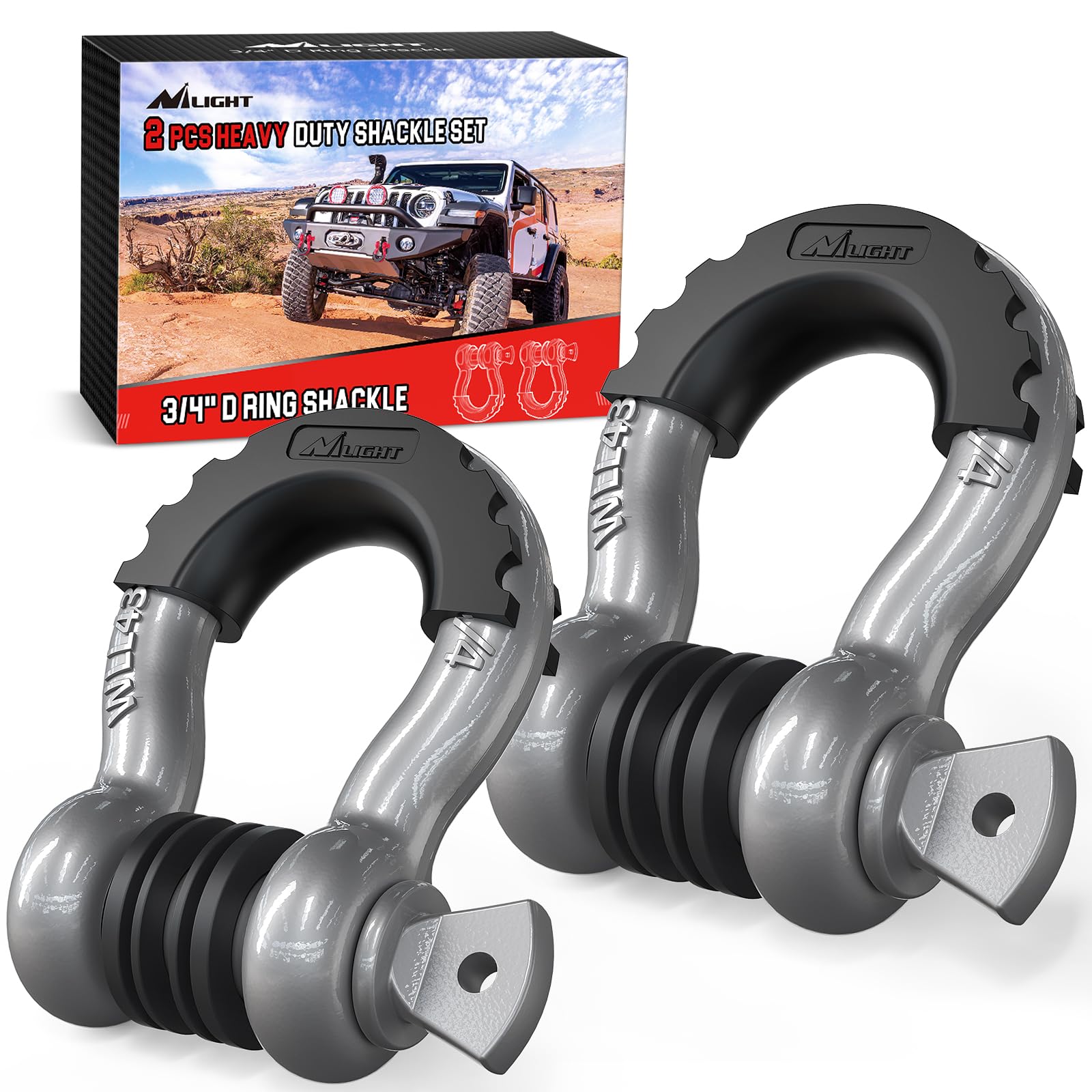 Nilight front view of 3/4" D-ring shackles showing compact, heavy-duty design