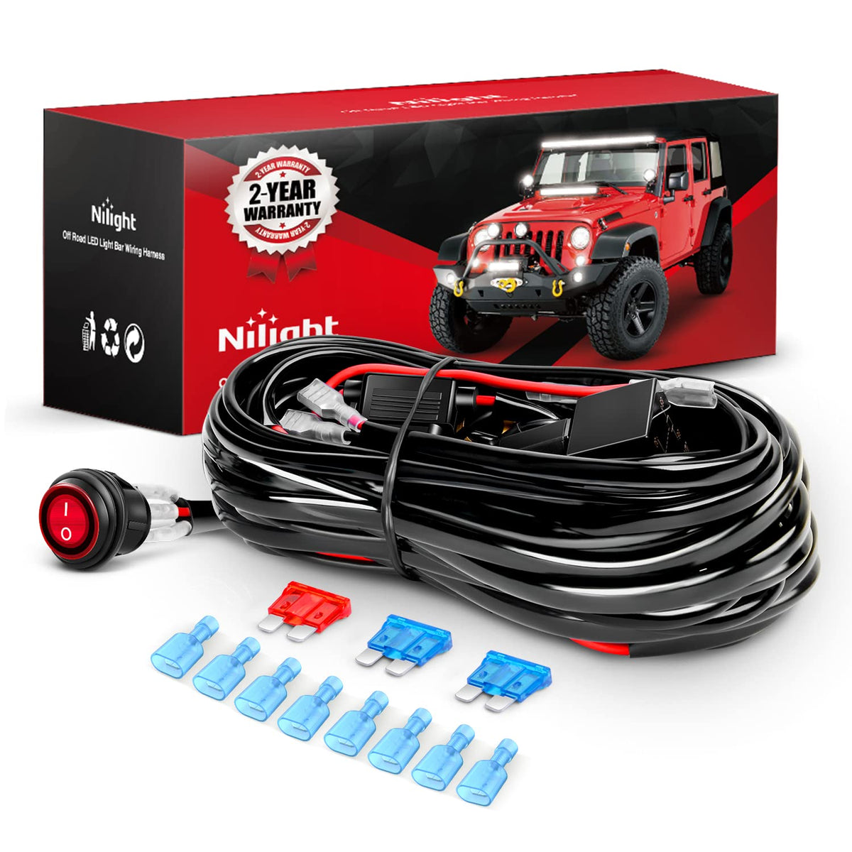 Nilight front packaging of harness kit showing all included parts and easy install benefit