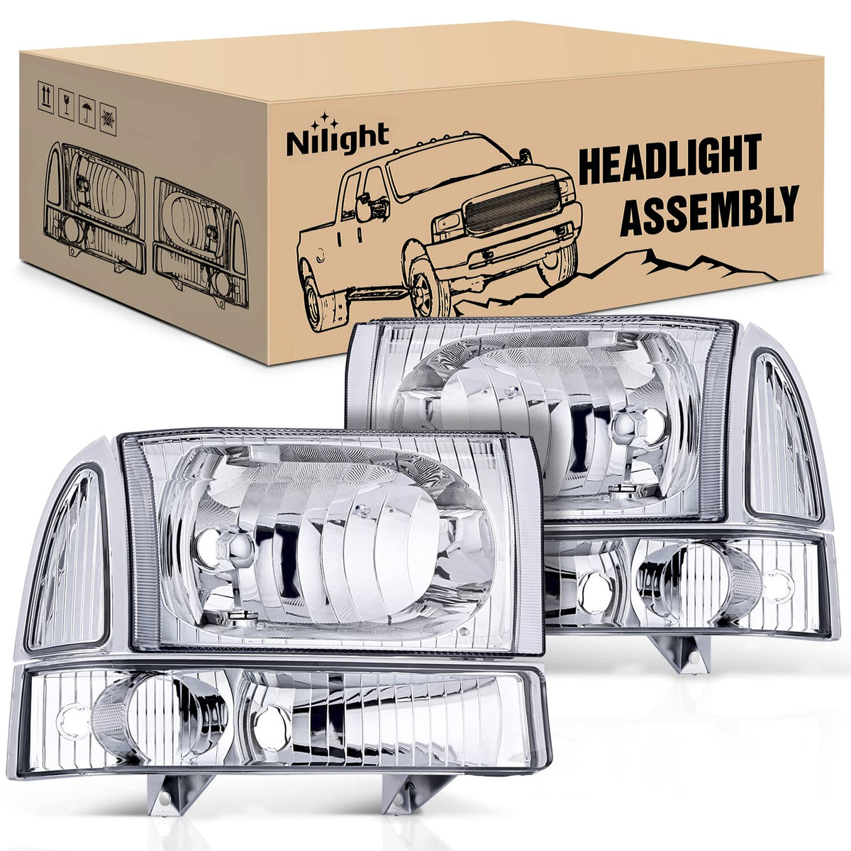 Nilight front packaging showing four chrome clear-lens headlights and benefits