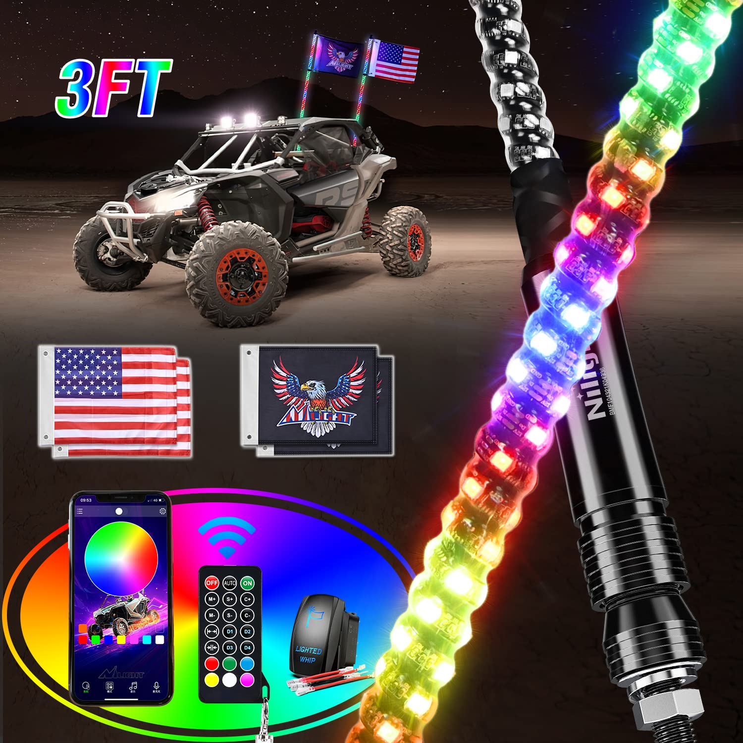 Nilight front packaging showing both 3ft whips and contents with clear overview benefit