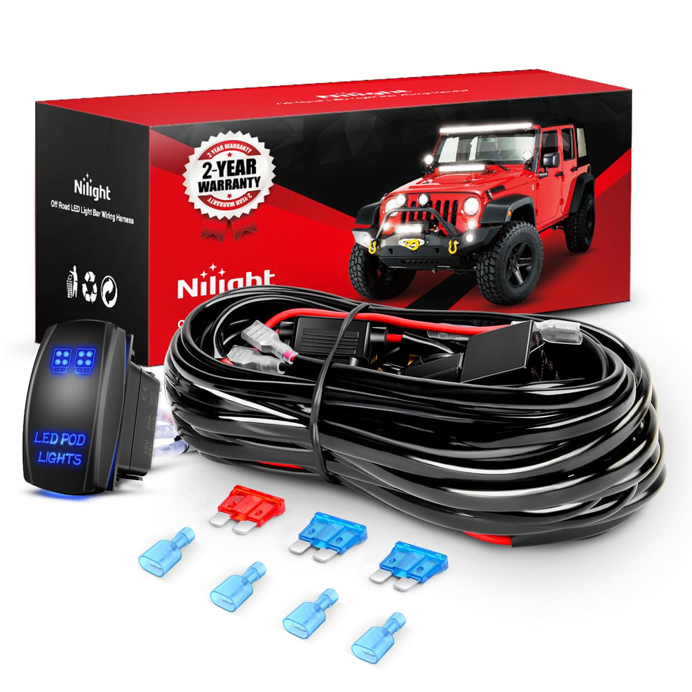Nilight front view of wiring harness package showing kit contents and benefit convenience