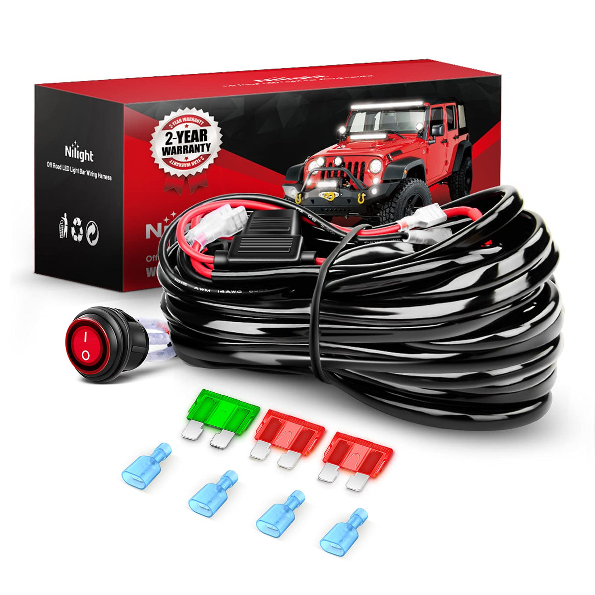 Nilight front packaging and harness kit showing complete contents and easy install benefit