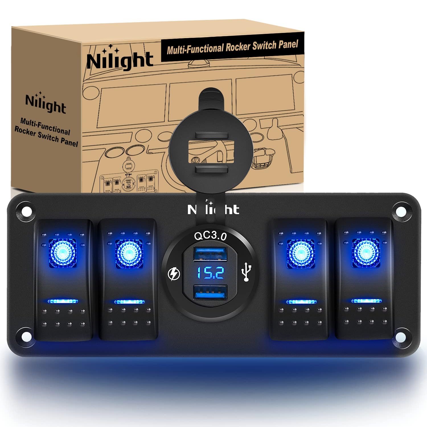Nilight front panel showing all switches and ports for neat dashboard control