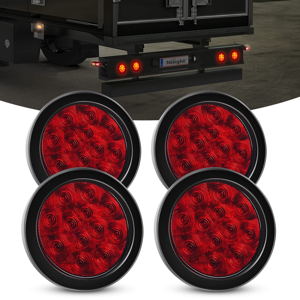 Nilight front view of 4-inch red tail light showing bright lens and improved visibility